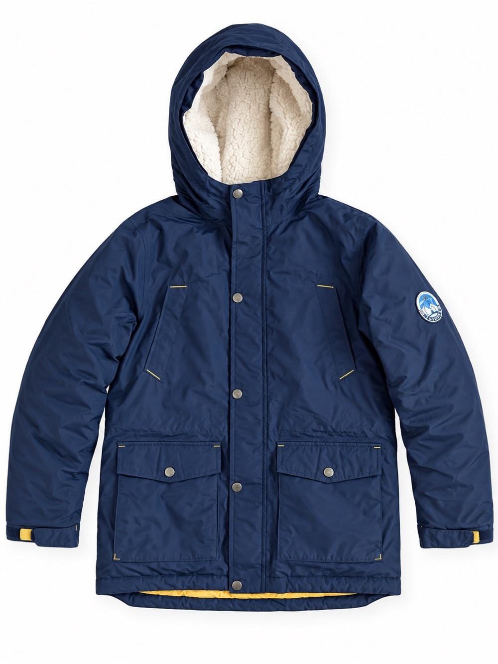 Lands’ End Kids Down Parka Sherpa Lined Hooded Coat Navy Yellow Medium 10-12